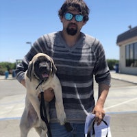 a man holding a large dog in a parking lot