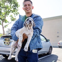 a man holding a dog